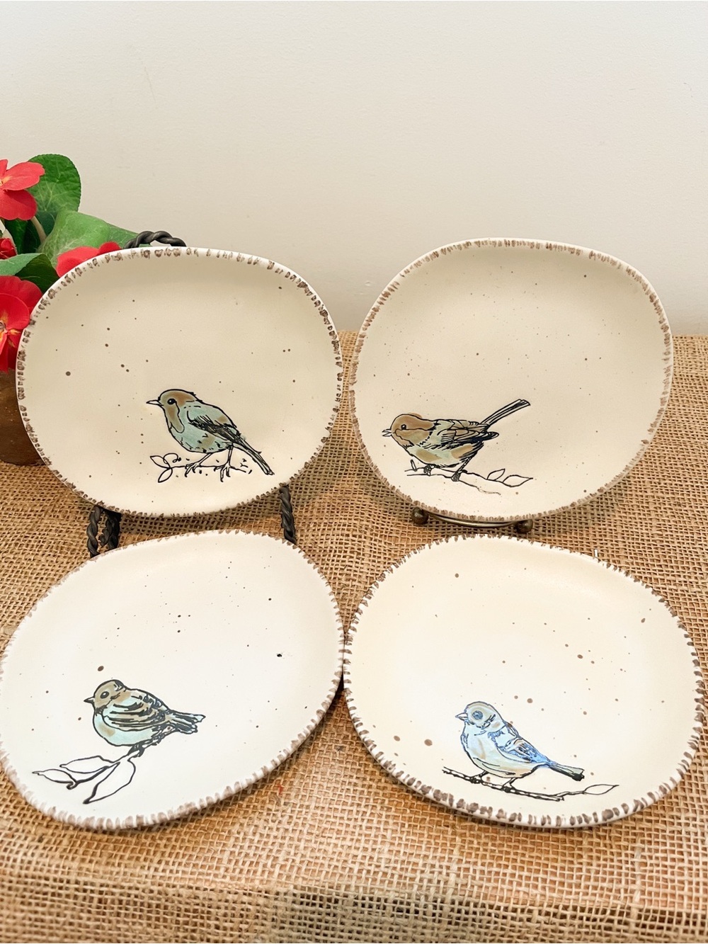 Spectrum Designz 5” Cream Bird Appetizer Plates Set of 4 Stoneware
